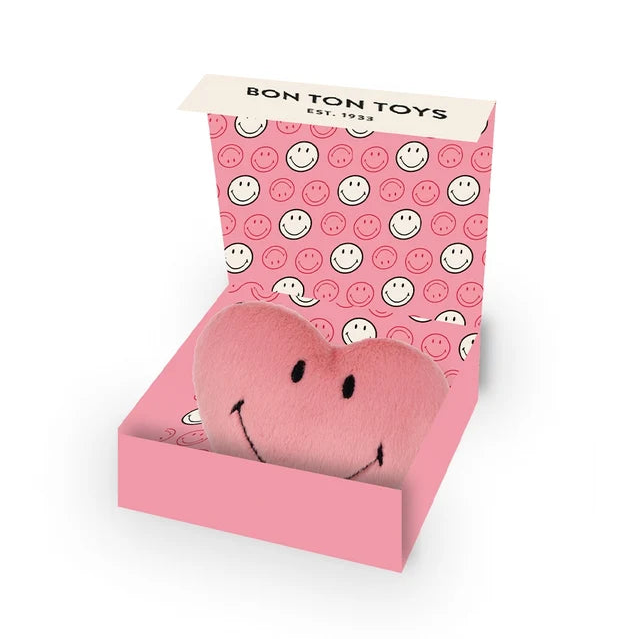 Pinkes Smiley ECO Fuzzy Plüschherz von Bon Ton Toys in Geschenkbox mit pinkem Smiley-Innenprint