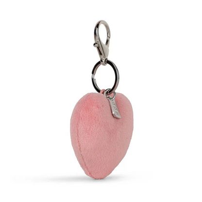 Pinker Smiley Plüsch-Herz-Schlüsselanhänger von hinten mit Schlüsselring und silbernem Bon Ton Toys Logo-Anhänger