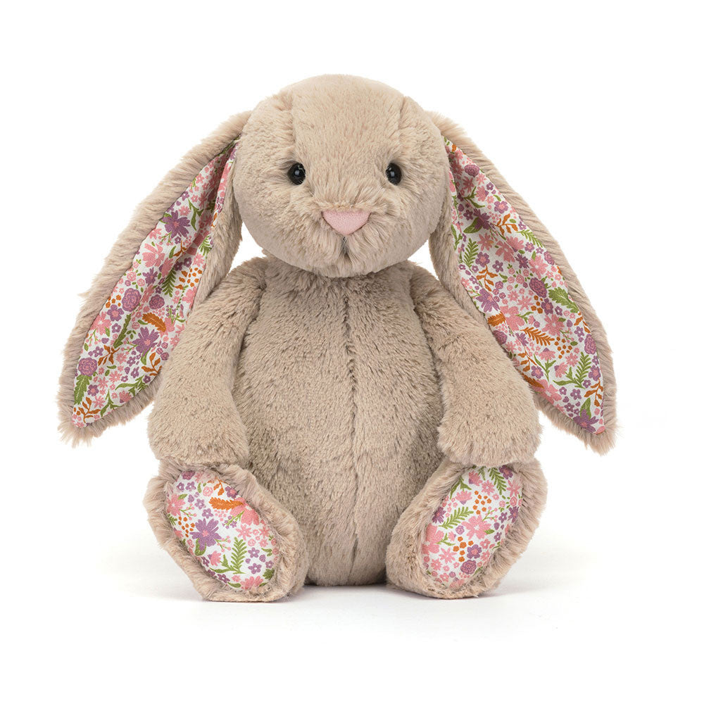 Beiger Jellycat Hase "Blossom Bunny Petal" mit Blumen an Ohren und Pfoten, kuscheliges Plüschtier