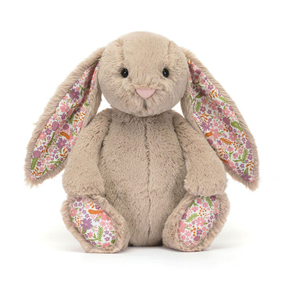 Beiger Jellycat Hase "Blossom Bunny Petal" mit Blumen an Ohren und Pfoten, kuscheliges Plüschtier