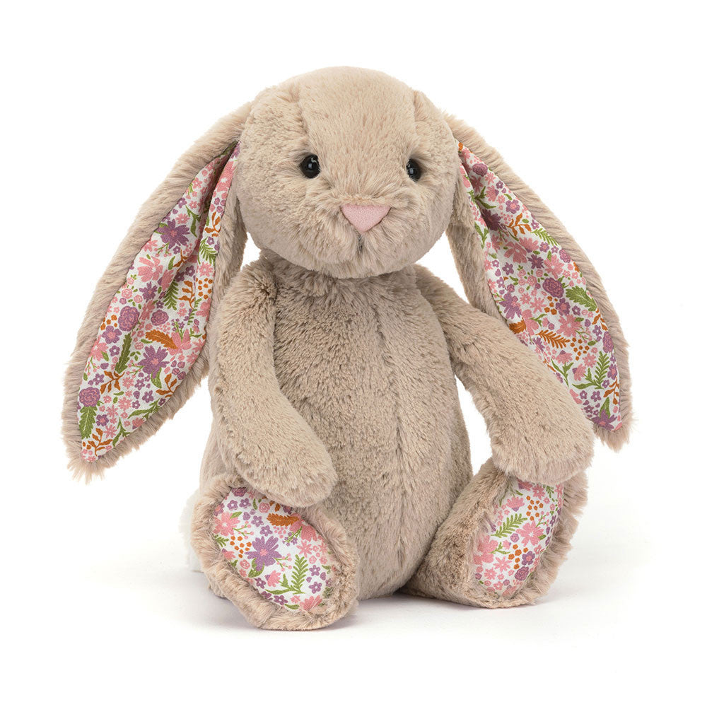 Beiger Jellycat Hase "Blossom Bunny Petal" mit Blumen an Ohren und Pfoten, kuscheliges Plüschtier