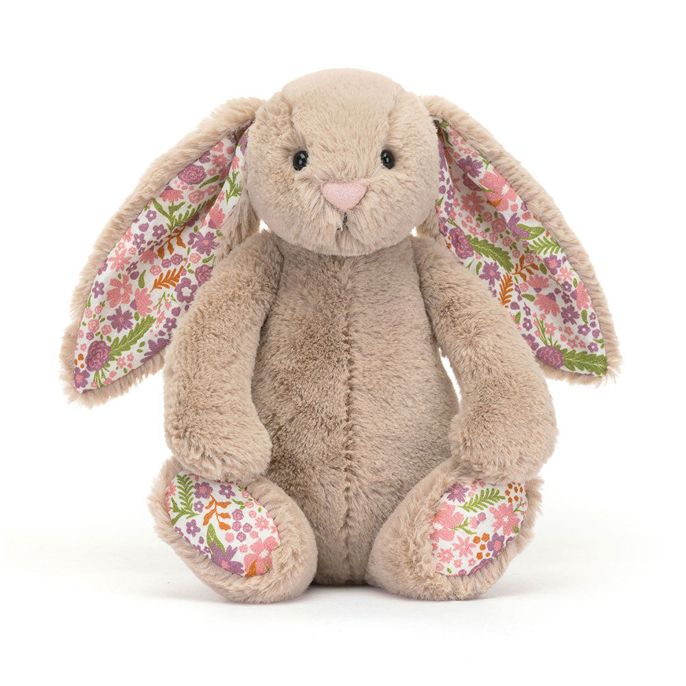 Beiger Jellycat Hase "Blossom Bunny Petal" mit Blumen an Ohren und Pfoten, kuscheliges Plüschtier