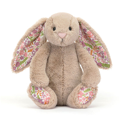 Beiger Jellycat Hase "Blossom Bunny Petal" mit Blumen an Ohren und Pfoten, kuscheliges Plüschtier