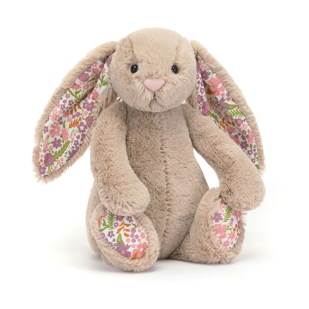 Beiger Jellycat Hase "Blossom Bunny Petal" mit Blumen an Ohren und Pfoten, kuscheliges Plüschtier