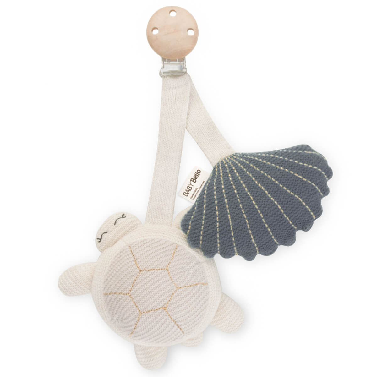 Kinderwagenanhänger Tily die Meeresschildkröte von Baby Bello. Sie hat ein kleines Glöckchen im Bauch und macht leise Geräusche bei Bewegung.