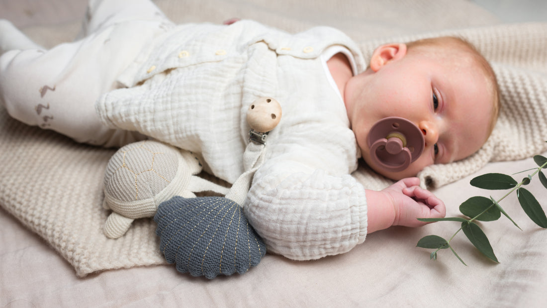 Kinderwagenanhänger Tily die Meeresschildkröte von Baby Bello. Sie hat ein kleines Glöckchen im Bauch und macht leise Geräusche bei Bewegung.