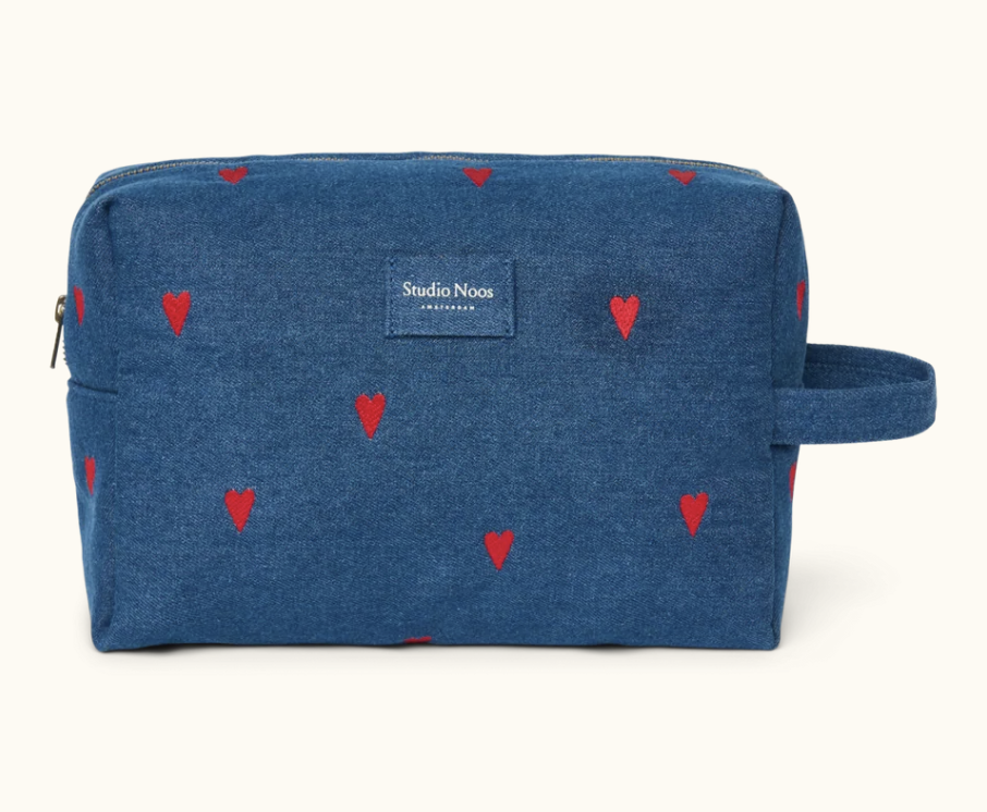 Denim Toiletry Bag - Red Hearts