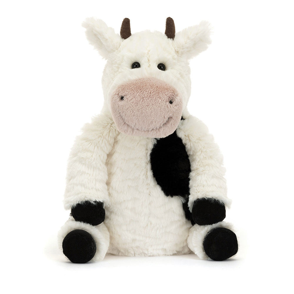 Sitzende schwarz-weiß gefleckte Jellycat Kuh „Mooliet Cow“ mit süßem Gesicht, superweich und perfekt zum Kuscheln