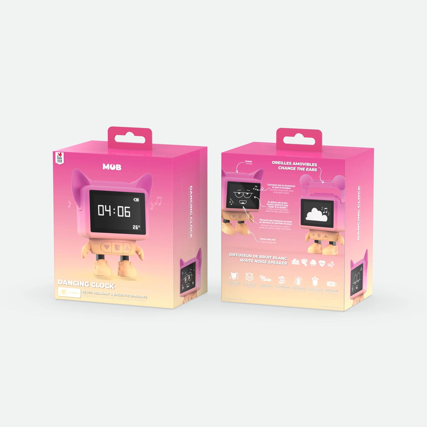 Die Dancing Clock von Mobility On Board hat viele Features. Neben einer Weckfunktion sowie Snoozefunktion ist sie ein Bluetooth Lautsprecher und spielt White Noise Töne ab. Sie tanzt zu den abgespielten Sounds und zeigt Emotionen auf dem LCD Monitor an.