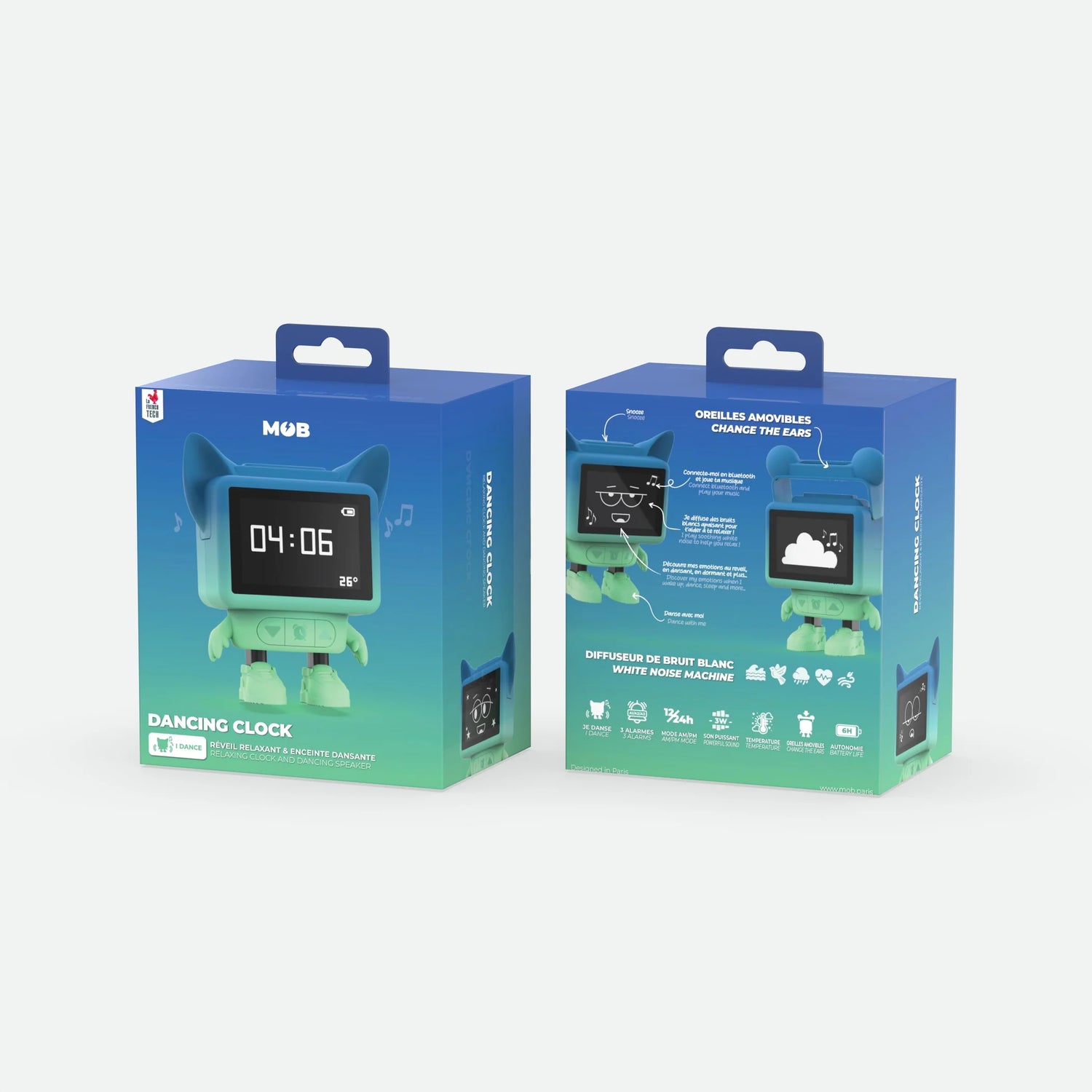 Die Dancing Clock von Mobility On Board hat viele Features. Neben einer Weckfunktion sowie Snoozefunktion ist sie ein Bluetooth Lautsprecher und spielt White Noise Töne ab. Sie tanzt zu den abgespielten Sounds und zeigt Emotionen auf dem LCD Monitor an.