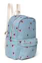 MIDI Rucksack von Studio Noos. Aus weichem Denimstoff mit roten Herzen bestickt. Jeder Rucksack ist ein Unikat.