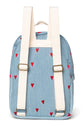 MIDI Rucksack von Studio Noos. Aus weichem Denimstoff mit roten Herzen bestickt. Jeder Rucksack ist ein Unikat.
