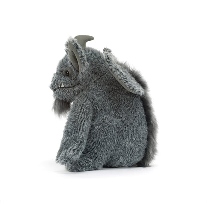 Jellycat Growlston Gargoyle Plüschtier von der Seite mit Hörnern, spitzen Ohren, Flügeln und Schwanz