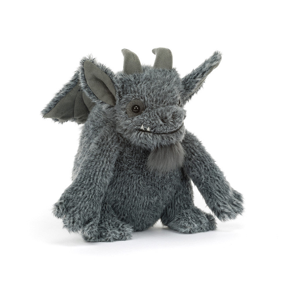 Jellycat Growlston Gargoyle Plüschtier aus der Halloween-Kollektion von vorne mit dunkelgrauem Fell und Flügeln