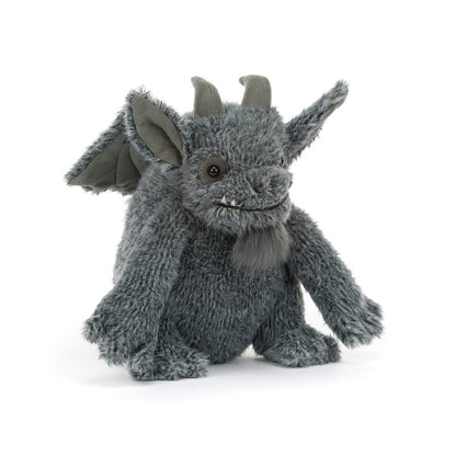 Jellycat Growlston Gargoyle Plüschtier aus der Halloween-Kollektion von vorne mit dunkelgrauem Fell und Flügeln
