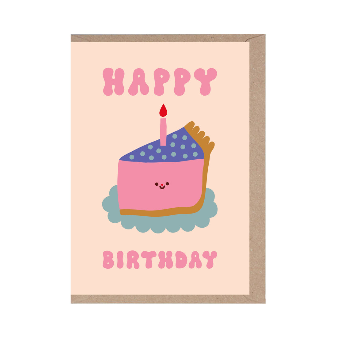 Grußkarte mit Umschlag: Ein Stück Geburtstagskuchen mit brennender Kerze und Schriftzug Happy Birthday.