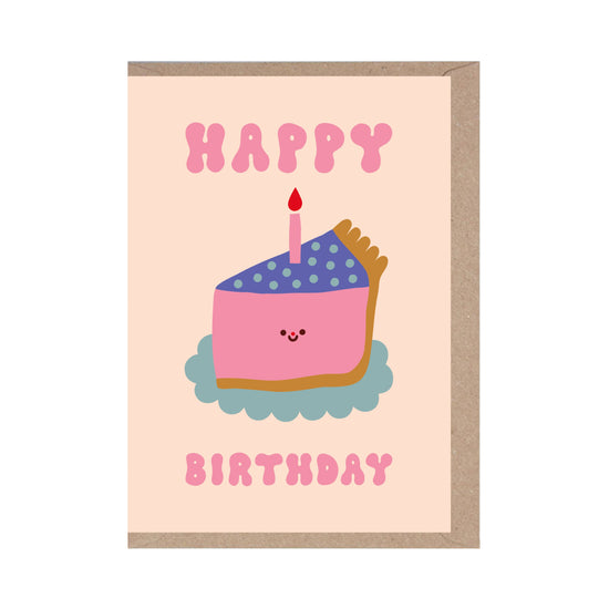 Grußkarte mit Umschlag: Ein Stück Geburtstagskuchen mit brennender Kerze und Schriftzug Happy Birthday.