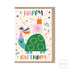 Grußkarte mit Umschlag: Happy Birthday Schriftzug und einer feiernden Schildkröte.