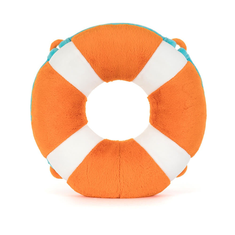 Rückansicht: Jellycat Amuseables Lifering Kuscheltier in Form eines Rettungsrings mit fröhlichem Gesicht und kleinen Beinchen.