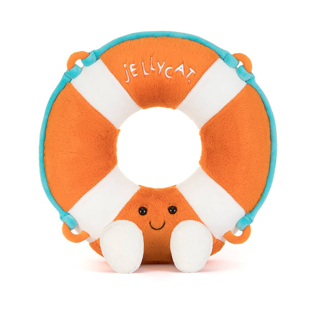 Frontansicht: Jellycat Amuseables Lifering Kuscheltier in Form eines Rettungsrings mit fröhlichem Gesicht und kleinen Beinchen.