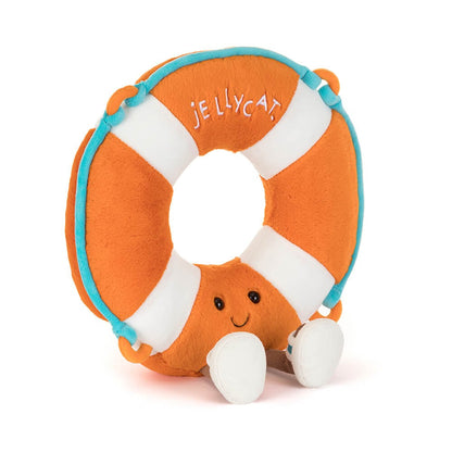 Vorderansicht: Jellycat Amuseables Lifering Kuscheltier in Form eines Rettungsrings mit fröhlichem Gesicht und kleinen Beinchen.
