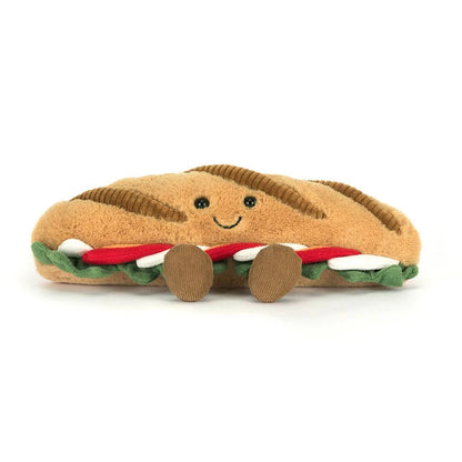 Jellycat Amuseables „Caprese Baguette“ lächelndes Plüsch-Baguette mit Füßchen, belegt mit Tomaten, Mozzarella, Basilikum