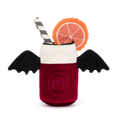 Jellycat Amuseables Vampop Drink von hinten mit Blutorangenscheibe, gestreiftem Strohhalm und schwarzen Fledermausflügeln und Jellycat-Logo
