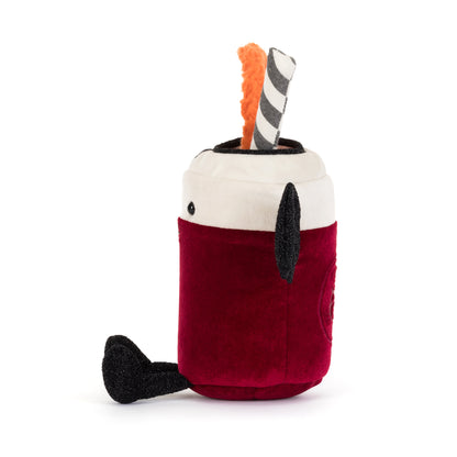 Jellycat Amuseables Vampop Drink von der Seite mit Blutorangenscheibe, gestreiftem Strohhalm, schwarzen Fledermausflügeln und Füßen