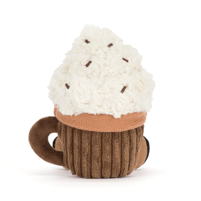 Jellycat Amuseables Scarffles Hot Chocolate – flauschige heiße Schokolade in brauner Tasse mit Sahnehaube und Strickschal, von hinten.