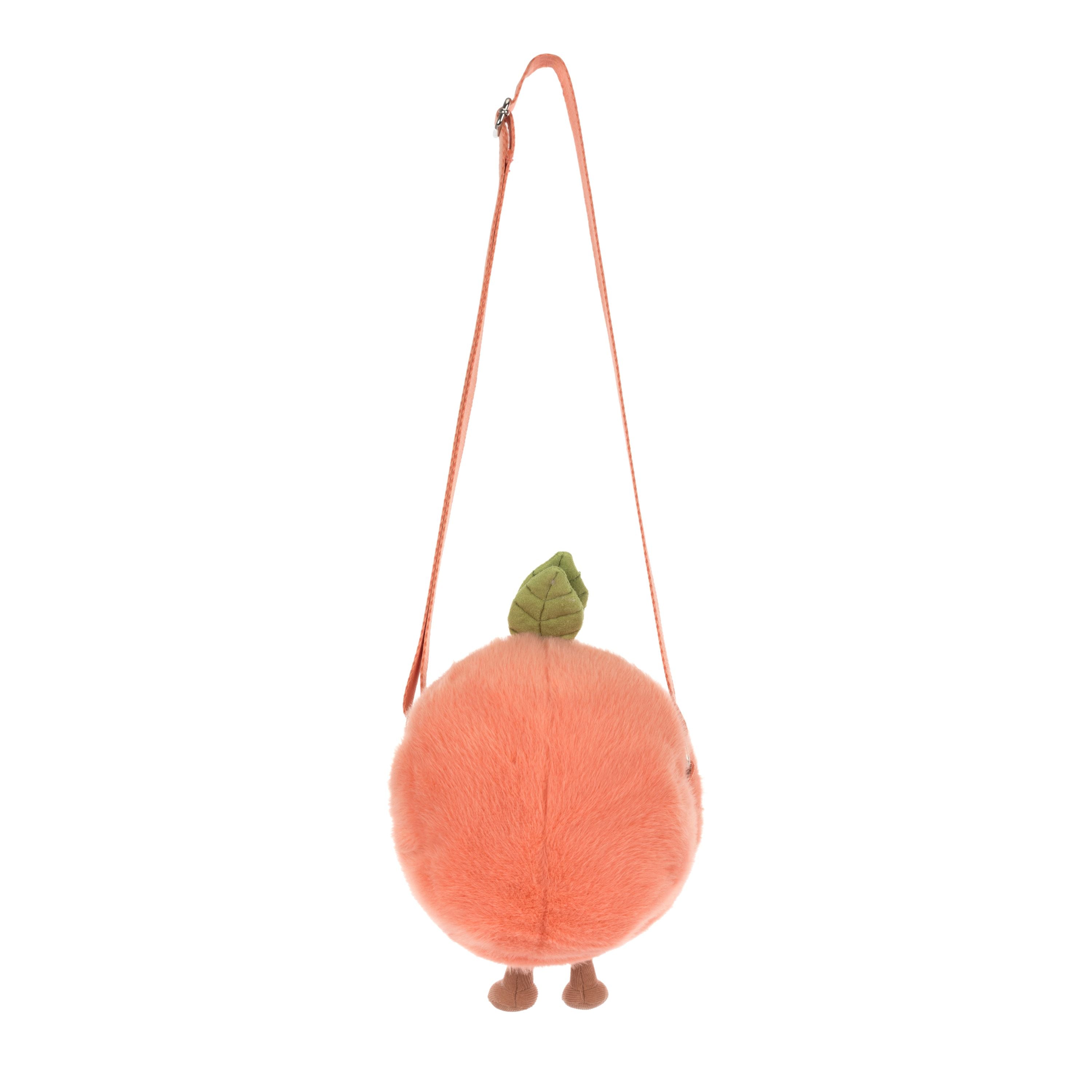 Jellycat Amuseables Peach Shoulder Bag als flauschige Pfirsich-Tasche mit Gesicht und Schulterriemen