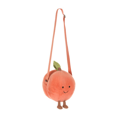 Jellycat Amuseables Peach Shoulder Bag als flauschige Pfirsich-Tasche mit Gesicht und Schulterriemen
