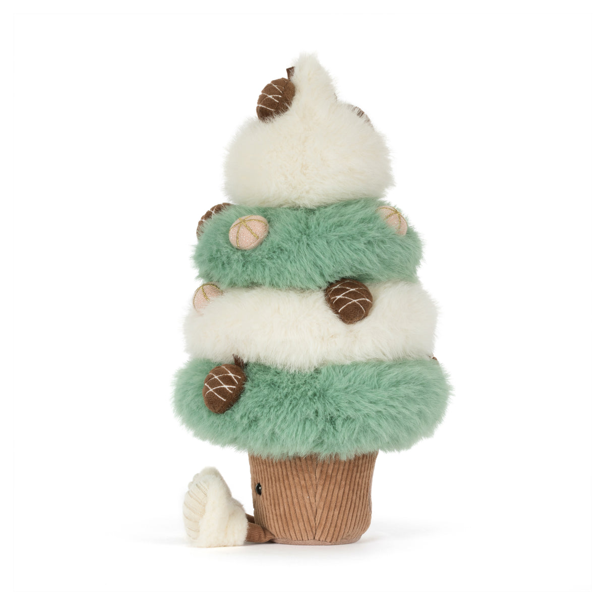 Jellycat Amuseables Pinecone Tree – flauschiger Weihnachtsbaum in Mintgrün und Cremeweiß mit kleinen Tannenzapfen und cremefarbenen Füßchen, von der Seite.