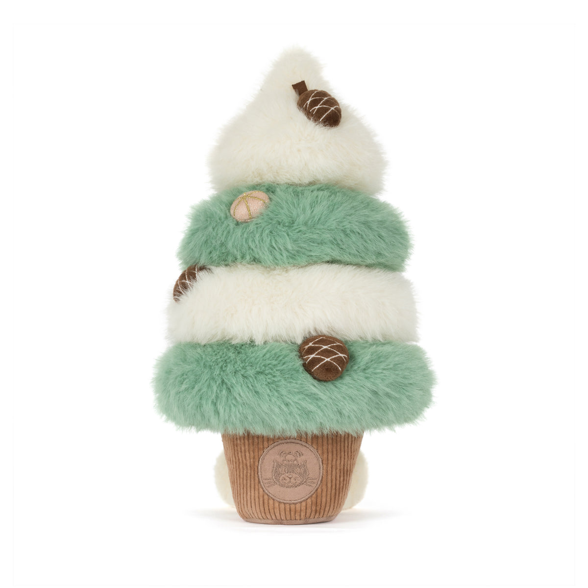 Jellycat Amuseables Pinecone Tree – flauschiger Weihnachtsbaum in Mintgrün und Cremeweiß mit kleinen Tannenzapfen und Jellycat-Logo auf der Rückseite.