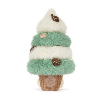 Jellycat Amuseables Pinecone Tree – flauschiger Weihnachtsbaum in Mintgrün und Cremeweiß mit kleinen Tannenzapfen und Jellycat-Logo auf der Rückseite.