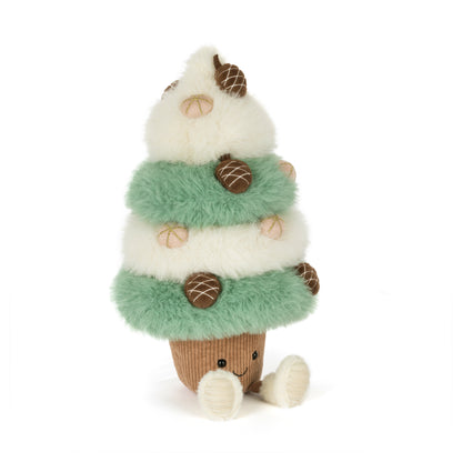 Jellycat Amuseables Pinecone Tree – flauschiger Weihnachtsbaum in Mintgrün und Cremeweiß mit kleinen Tannenzapfen, lächelndem Gesicht und cremefarbenen Füßchen, von vorne.