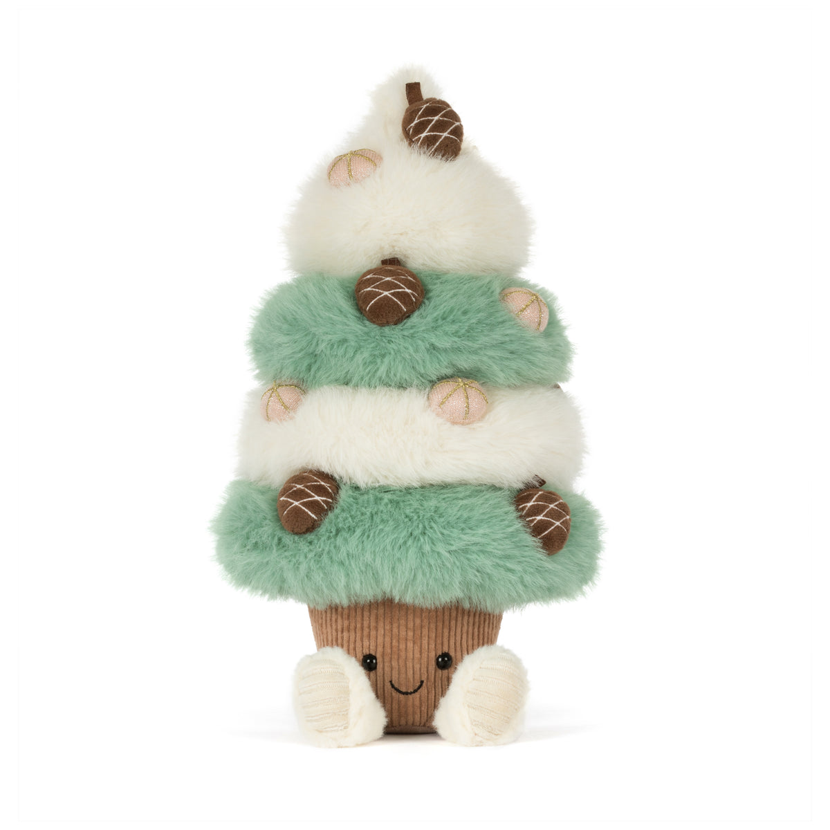 Jellycat Amuseables Pinecone Tree – flauschiger Weihnachtsbaum in Mintgrün und Cremeweiß mit kleinen Tannenzapfen, lächelndem Gesicht und cremefarbenen Füßchen, von vorne.