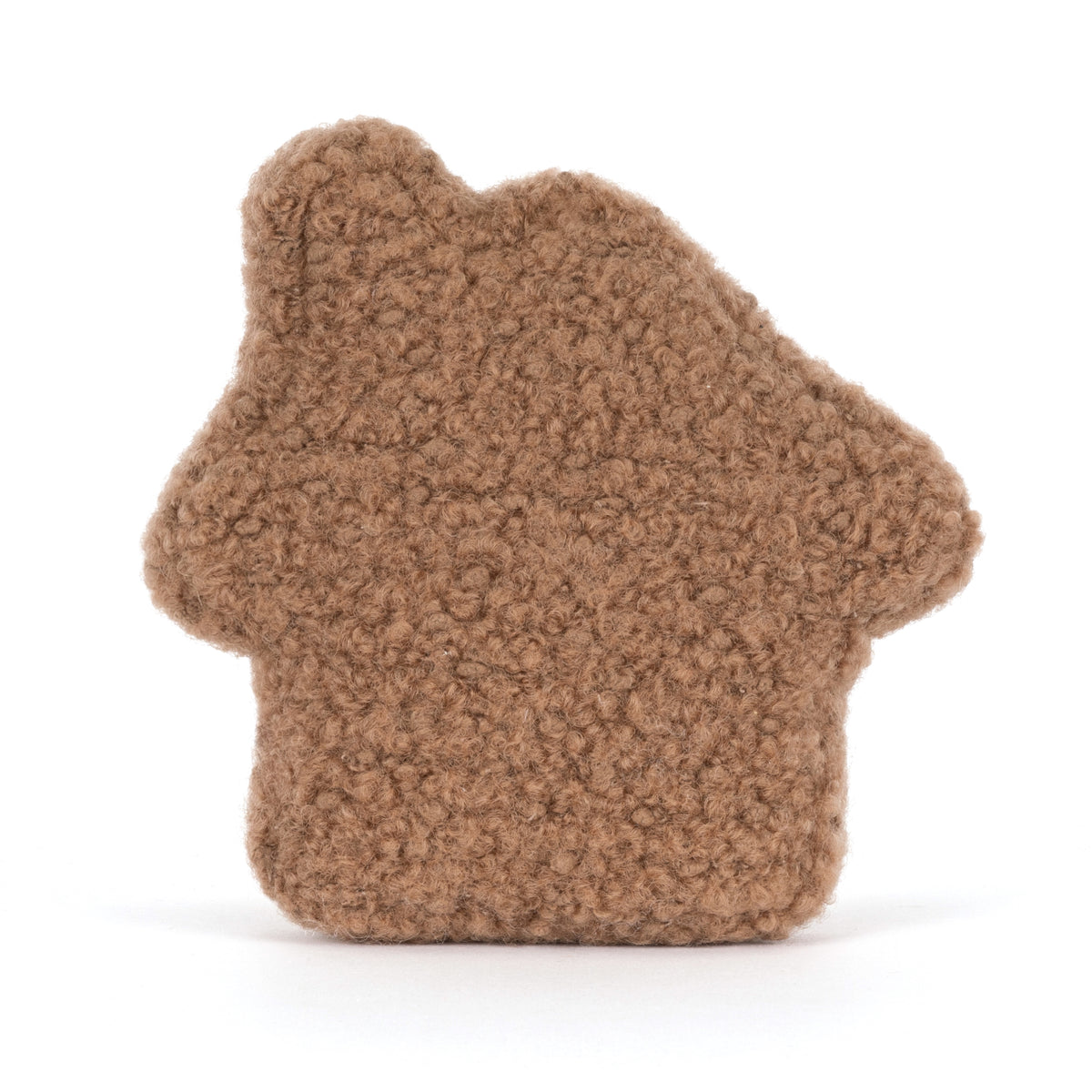Jellycat Amuseables Molasi Cookie – flauschiger brauner Keks in Form eines Lebkuchenhauses, von hinten.