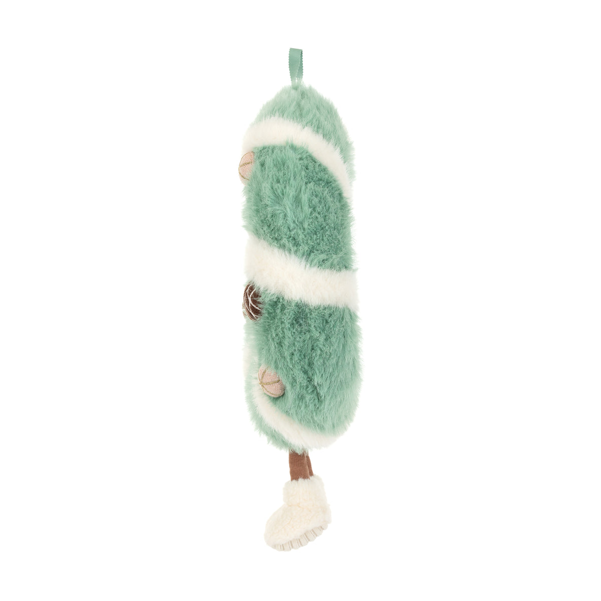 Jellycat Amuseables Pinecone Wreath – flauschiger Weihnachtskranz in Mintgrün und Cremeweiß mit kleinen Tannenzapfen, lächelndem Gesicht und weißen Füßchen, von der Seite.