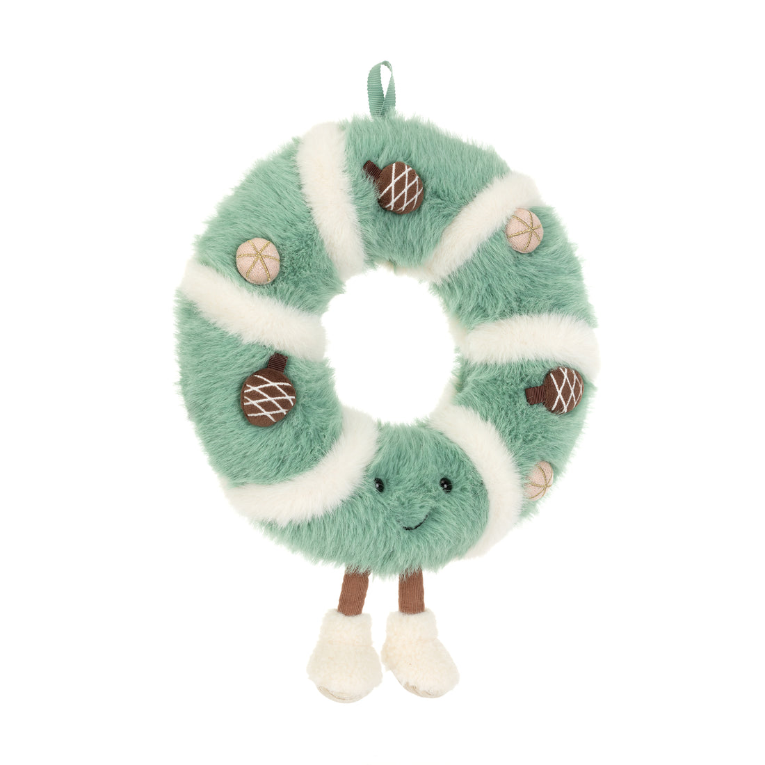Jellycat Amuseables Pinecone Wreath – flauschiger Weihnachtskranz in Mintgrün und Cremeweiß mit kleinen Tannenzapfen, lächelndem Gesicht und weißen Füßchen, von vorne.