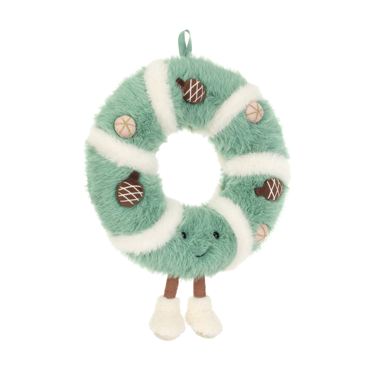 Jellycat Amuseables Pinecone Wreath – flauschiger Weihnachtskranz in Mintgrün und Cremeweiß mit kleinen Tannenzapfen, lächelndem Gesicht und weißen Füßchen, von vorne.