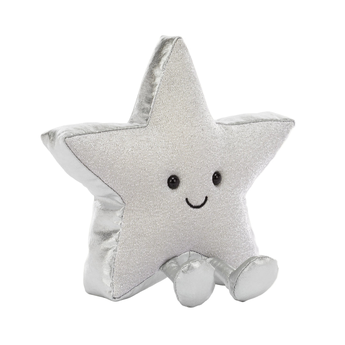 Jellycat Amuseables Silver Star 2026 – silberglänzender Plüschstern mit kleinen Füßchen und fröhlich lächelndem Gesicht, sitzend von vorne.