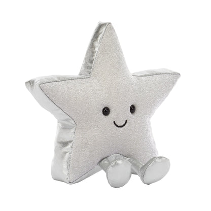 Jellycat Amuseables Silver Star 2026 – silberglänzender Plüschstern mit kleinen Füßchen und fröhlich lächelndem Gesicht, sitzend von vorne.