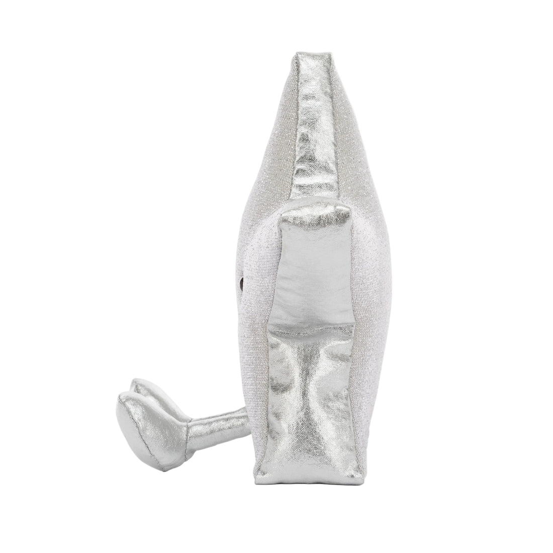 Jellycat Amuseables Silver Star 2026 – silberglänzender Plüschstern mit kleinen Füßchen, sitzend von der Seite.