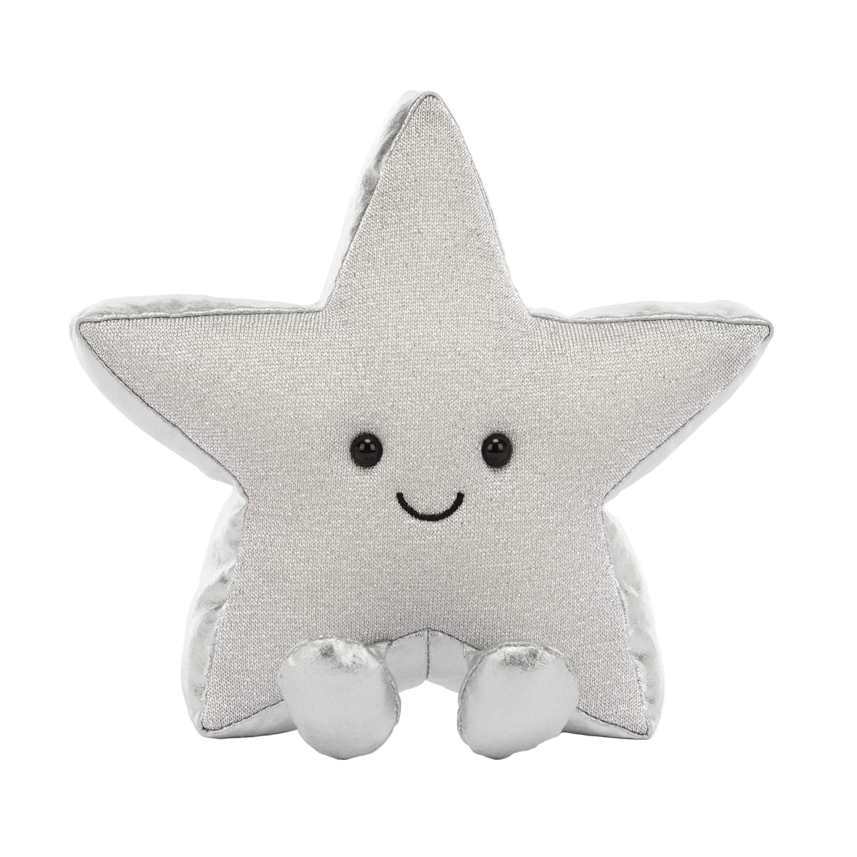 Jellycat Amuseables Silver Star 2026 – silberglänzender Plüschstern mit kleinen Füßchen und fröhlich lächelndem Gesicht, sitzend von vorne.