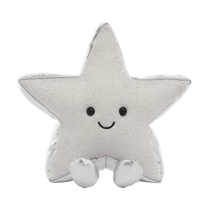 Jellycat Amuseables Silver Star 2026 – silberglänzender Plüschstern mit kleinen Füßchen und fröhlich lächelndem Gesicht, sitzend von vorne.