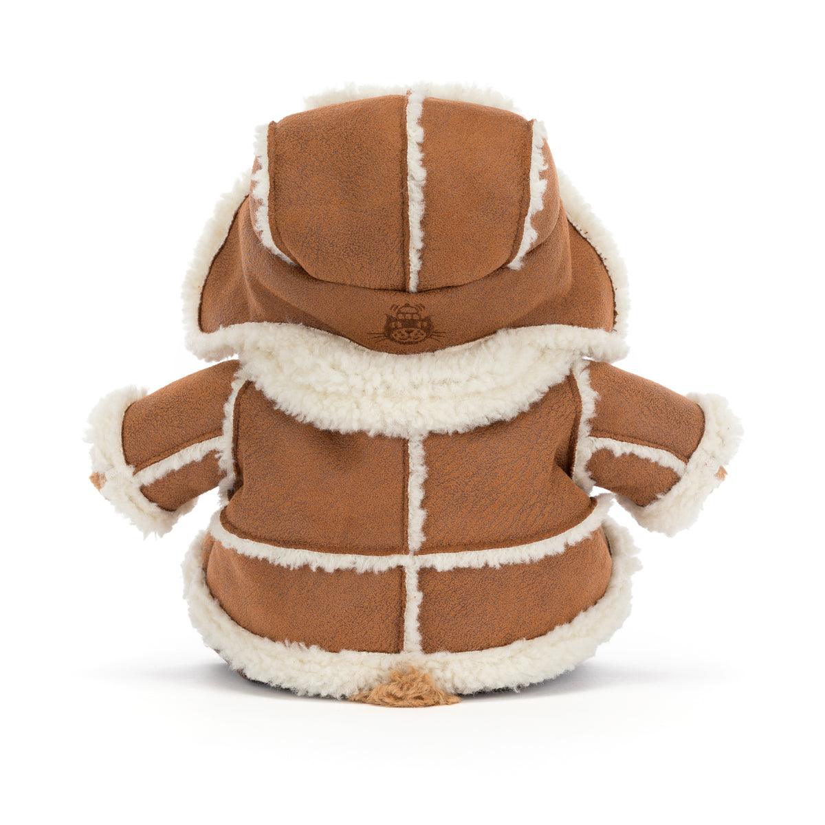 Jellycat Bartholomew Bear Alpine – brauner Kuschelbär mit Pilotenmütze und brauner Winterjacke mit cremeweißem Fellbesatz, von hinten.
