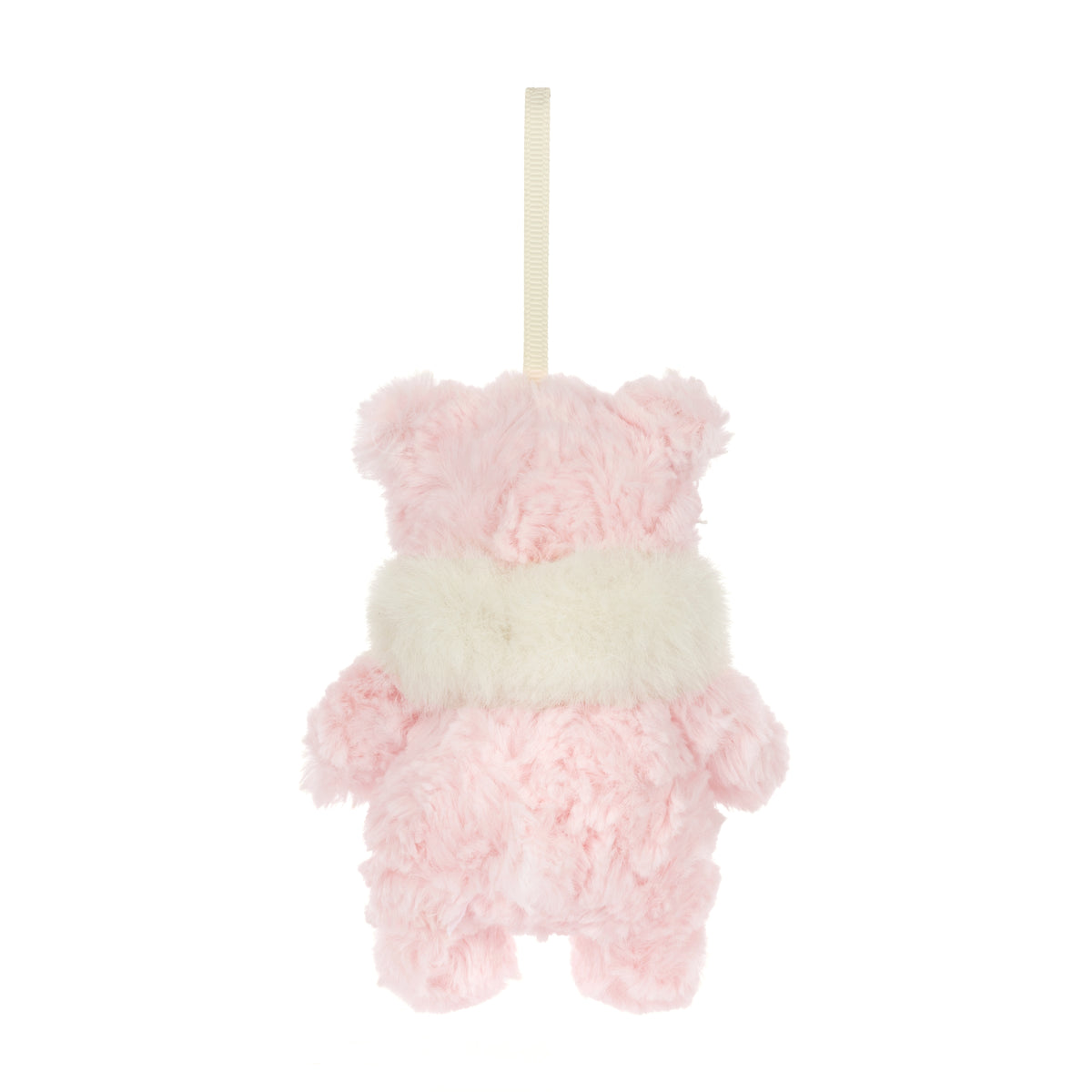 Jellycat Leola Bear Winter Warmer Decoration – rosa Plüschbär mit flauschigem cremeweißem Schal und Aufhängeschlaufe als Weihnachtsbaumschmuck, von hinten.