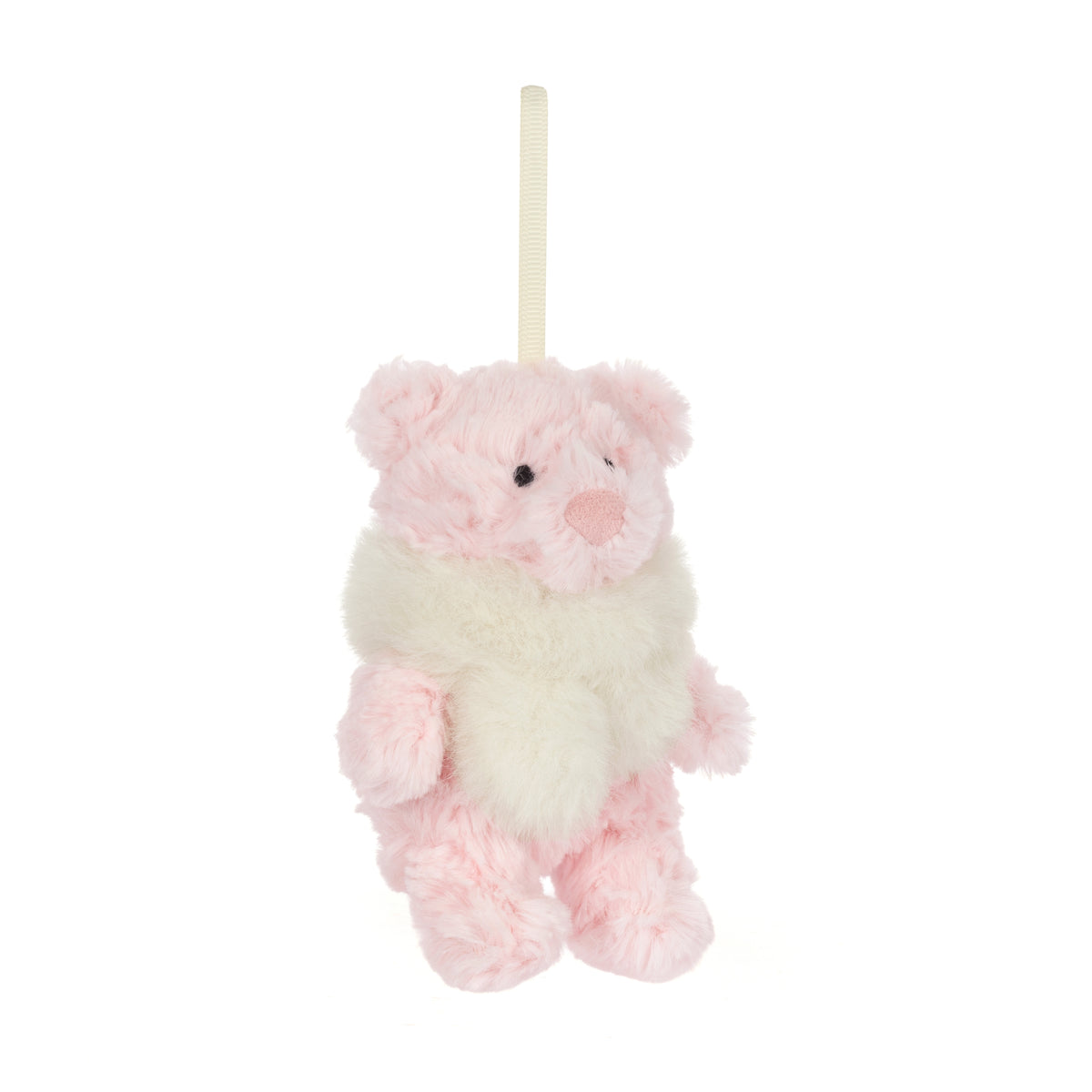 Jellycat Leola Bear Winter Warmer Decoration – rosa Plüschbär mit flauschigem cremeweißem Schal und Aufhängeschlaufe als Weihnachtsbaumschmuck.