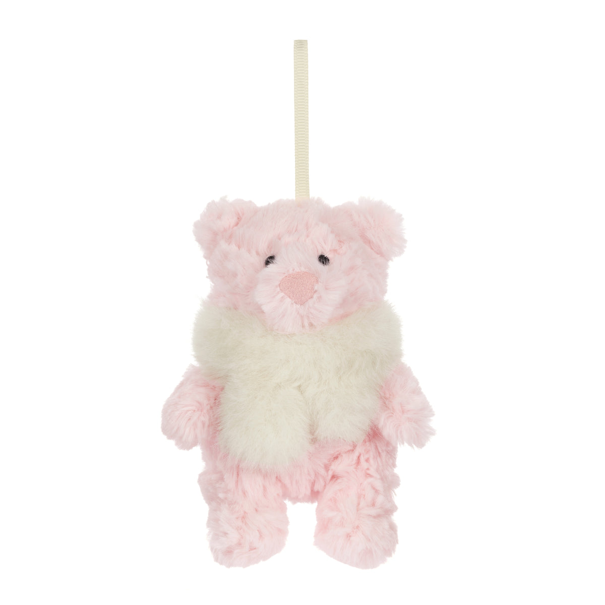 Jellycat Leola Bear Winter Warmer Decoration – rosa Plüschbär mit flauschigem cremeweißem Schal und Aufhängeschlaufe als Weihnachtsbaumschmuck.