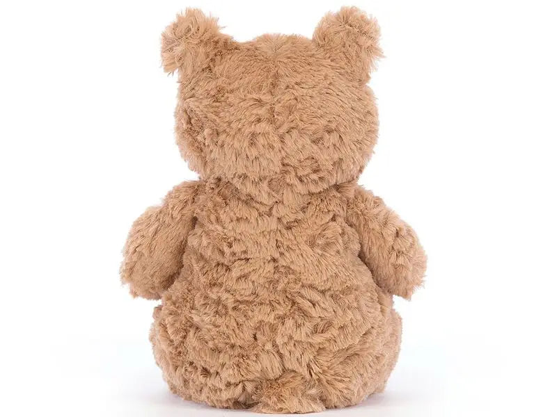 Jellycat Bartholomew Bear Tiny von hinten mit kuschelweichem, braunem Fell, kleinen runden Ohren und niedlichem Stummelschwänzchen.